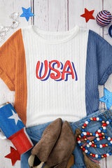 Light Blue USA Embroidered Cable Textured Knit Cuffed Sleeve Colorblock Tee Graphic Tees JT's Designer Fashion