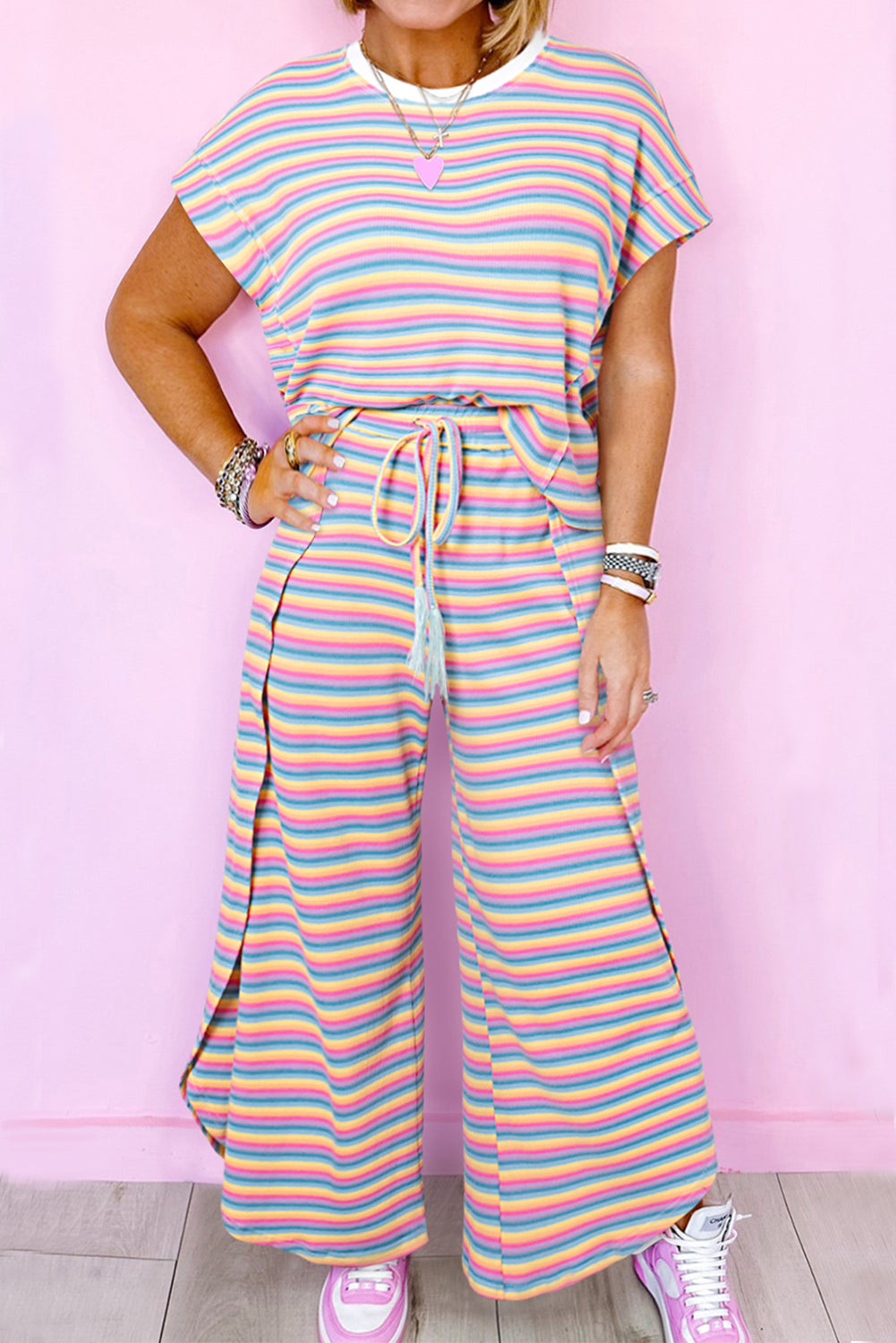 Purple Stripe Rainbow Plus Top Tassel Drawstring Wrap Leg Pants Set Plus Size JT's Designer Fashion