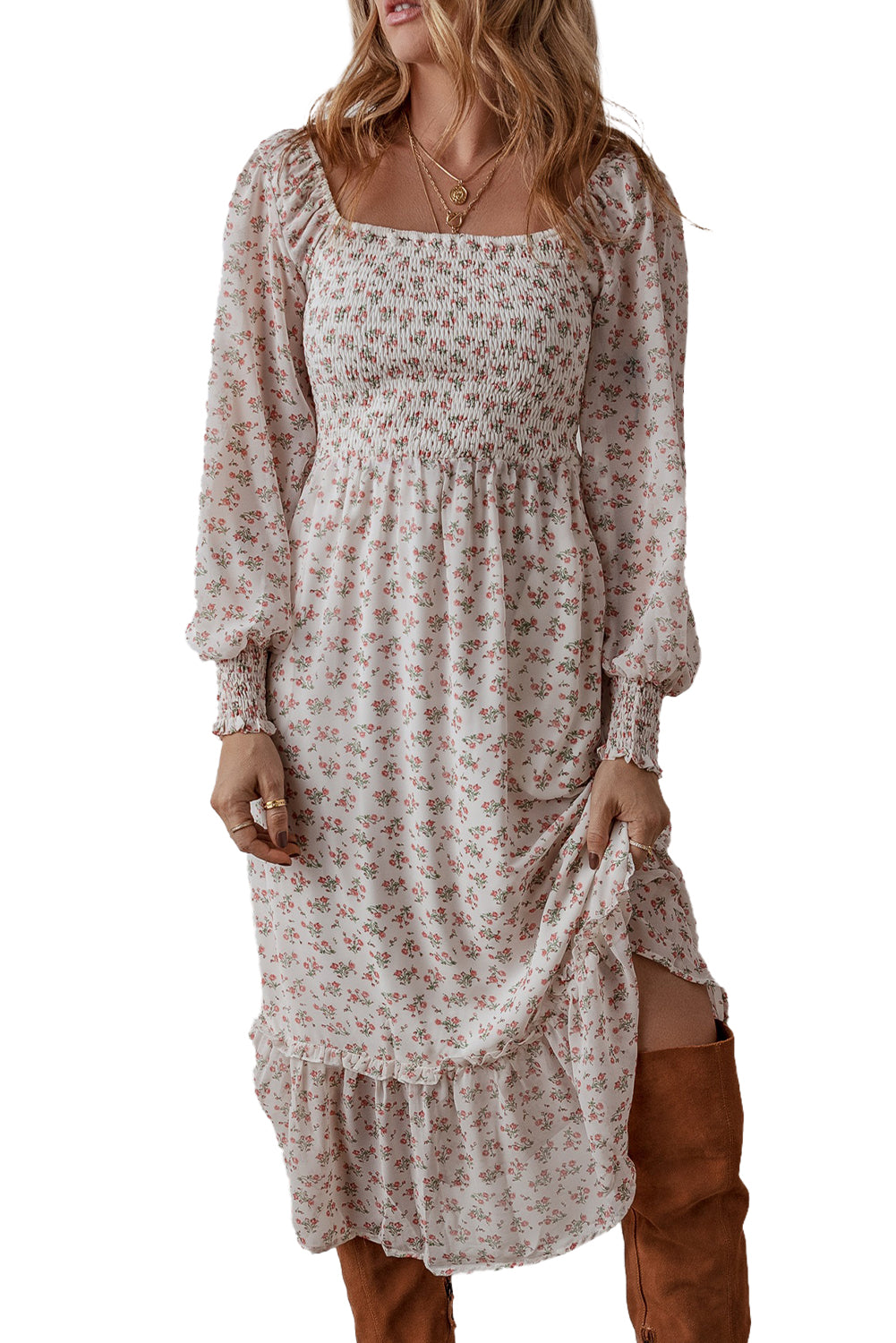 White Floral Print Shirred Ruffled Hem Square Neck Midi Dress Floral Dresses JT's Designer Fashion