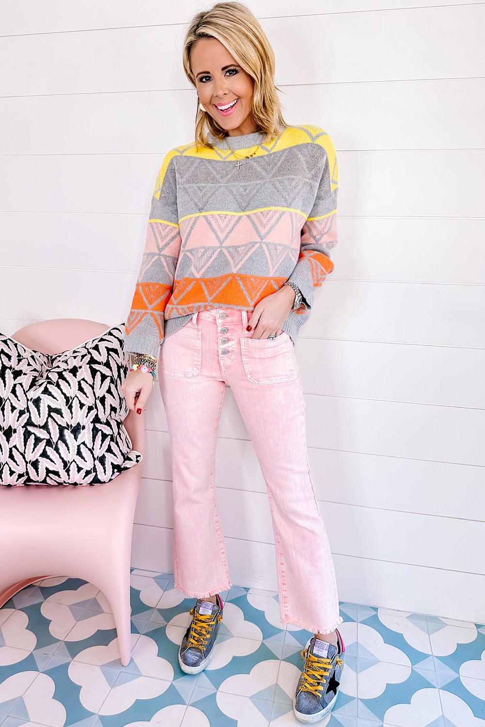 Apricot Pink Multi Buttons Raw Edge Crop Jeans Bottoms JT's Designer Fashion