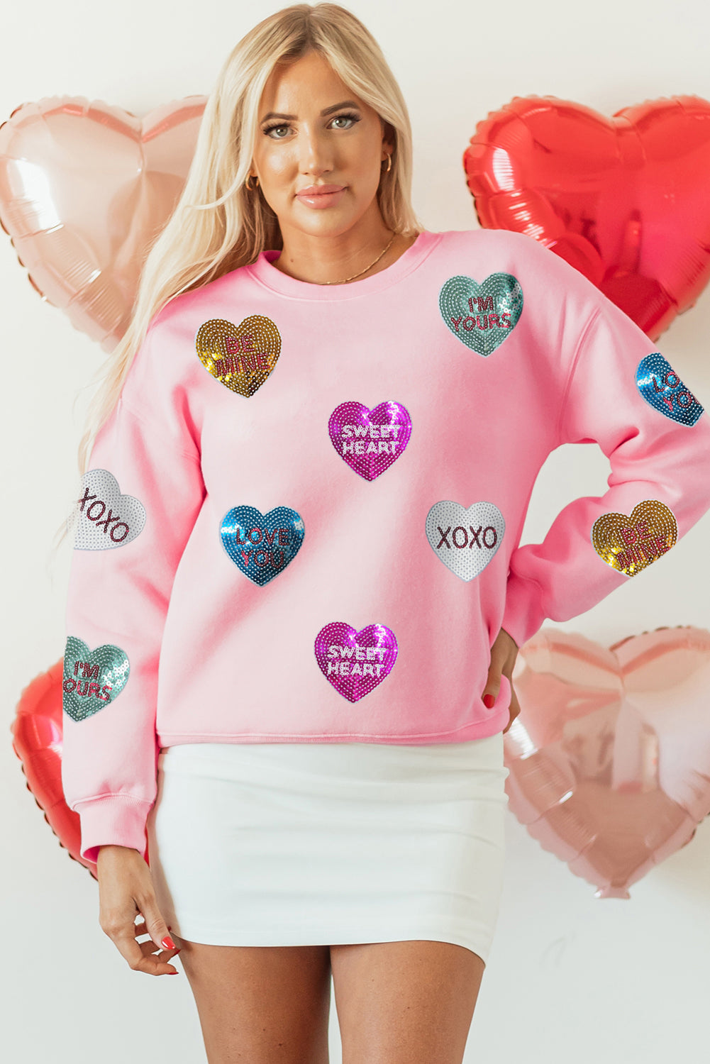 Pink Sequin Romantic Letters Heart Graphic Valentines Sweatshirt Graphic Sweatshirts JT's Designer Fashion