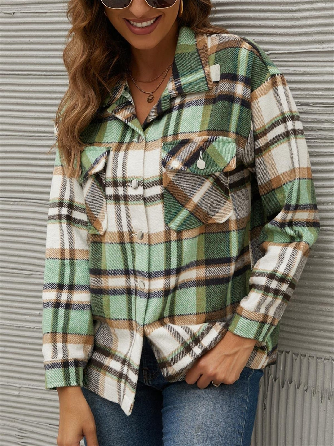 Plaid Collared Neck Long Sleeve Jacket Long Sleeve Tops JT's Designer Fashion