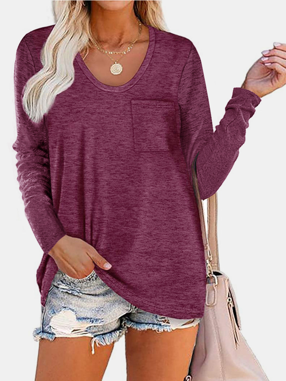 Round Neck Long Sleeve T-Shirt Deep Purple Long Sleeve Tops JT's Designer Fashion