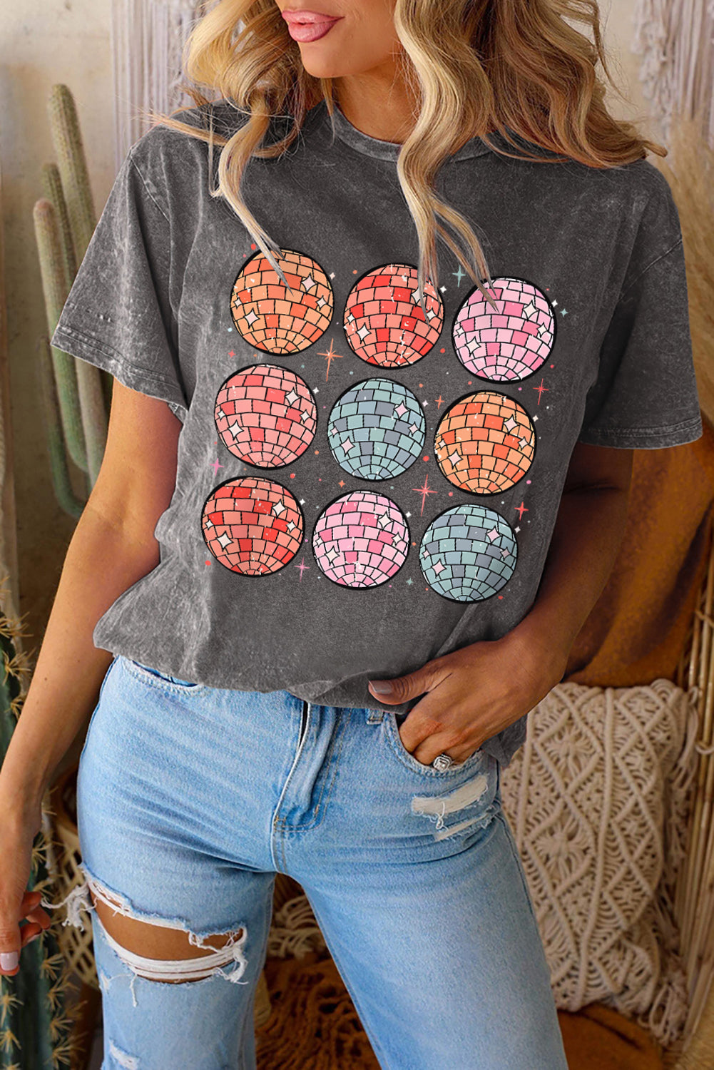 Black Disco Balls Print Crew Neck T Shirt Graphic Tees JT's Designer Fashion