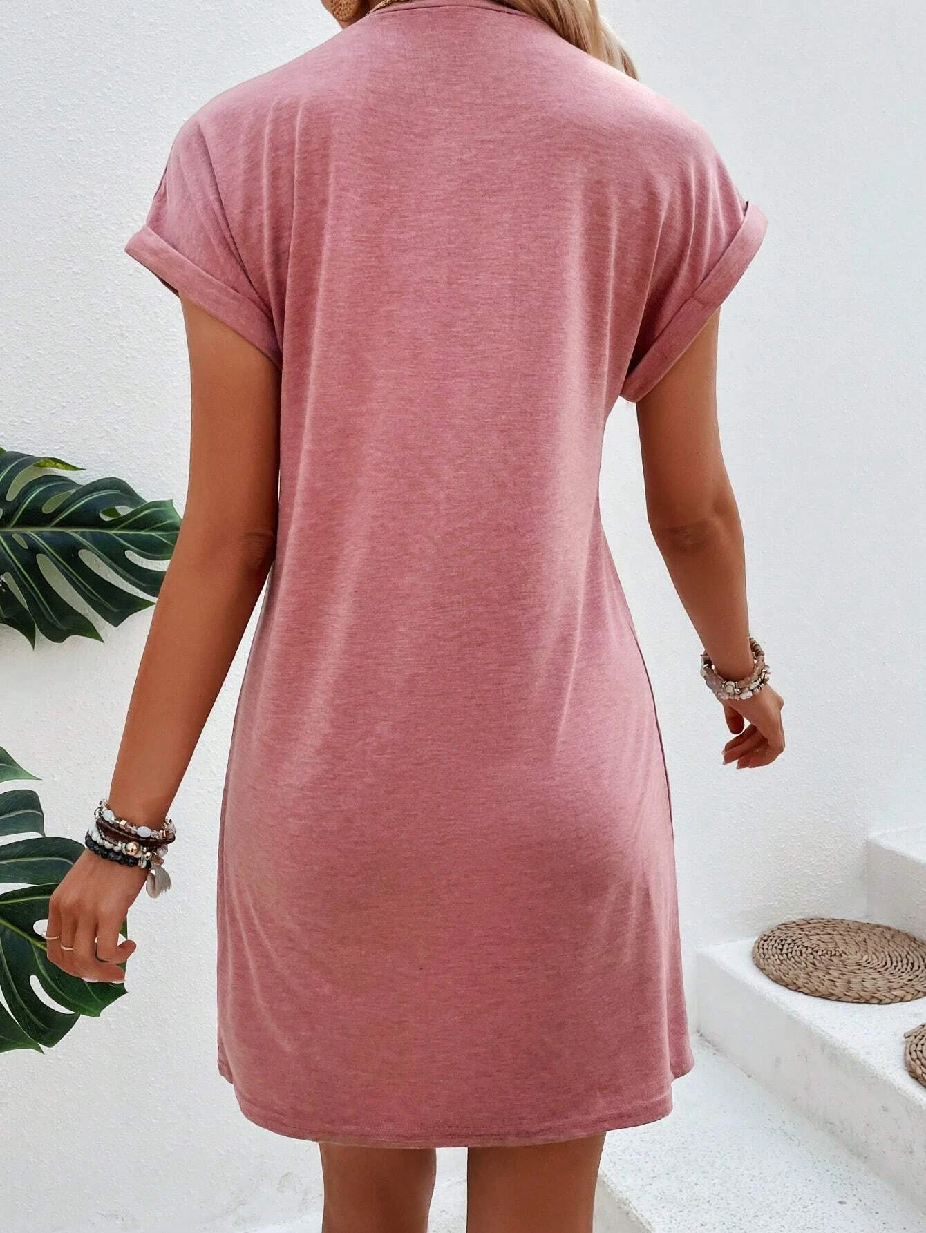 Rose Pink Center Seam Rolled Cuffs T-shirt Dress Dresses JT's Designer Fashion