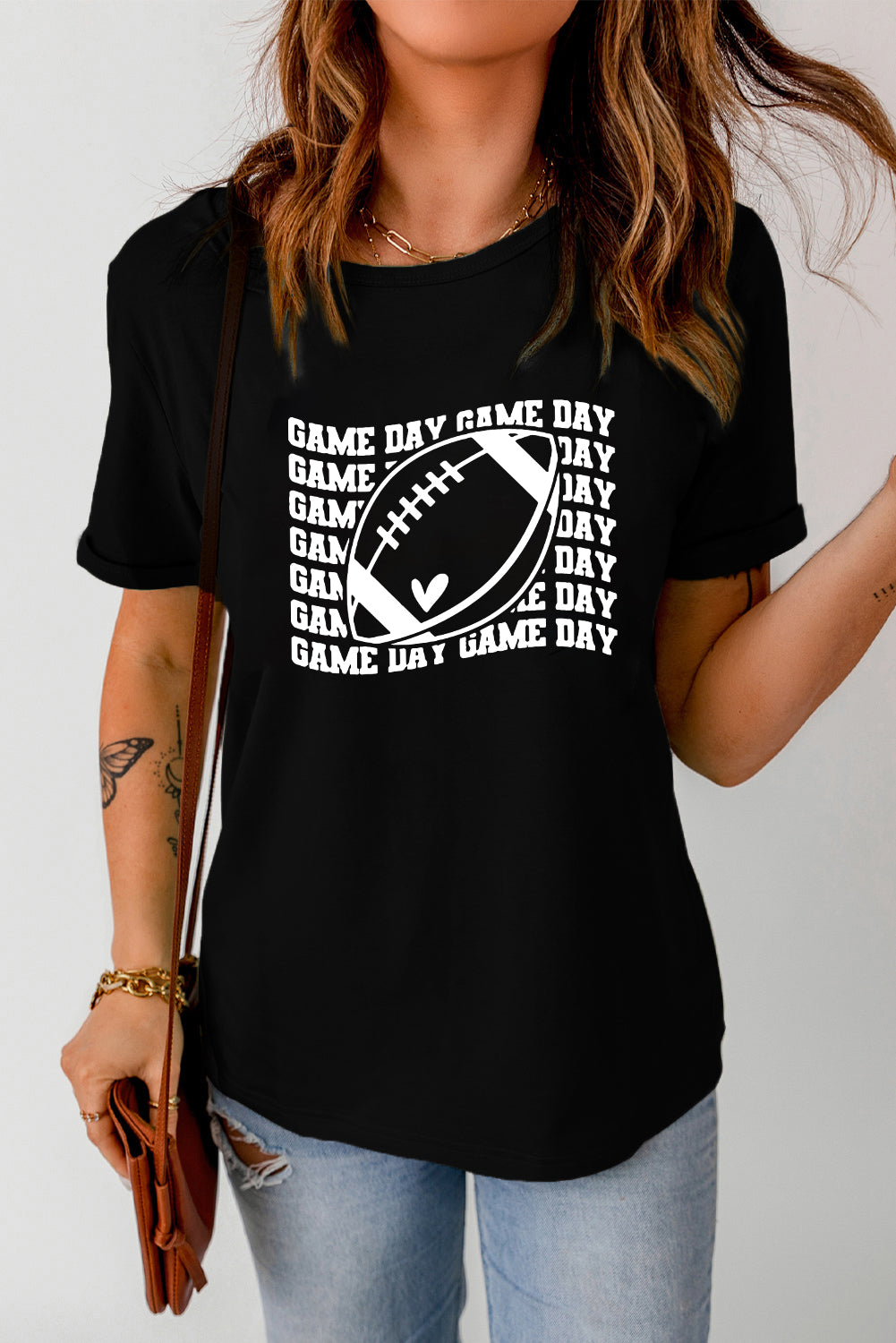 Black GAME DAY Rugby Graphic Print Short Sleeve T Shirt Graphic Tees JT's Designer Fashion