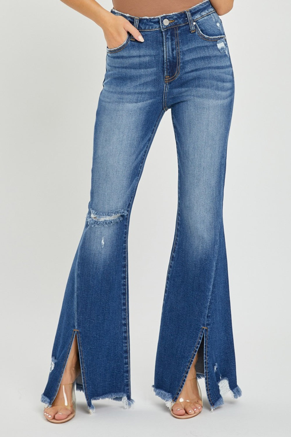 RISEN Full Size High Rise Front Slit Frayed Hem Flare Jeans Dark Jeans JT's Designer Fashion