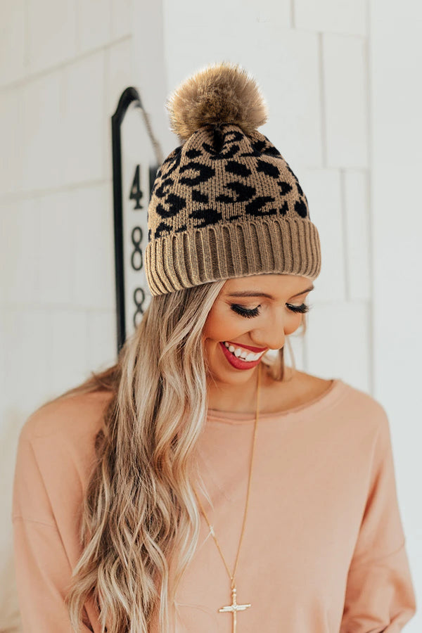 Khaki Leopard Print Pom Knit Hat Hats & Caps JT's Designer Fashion