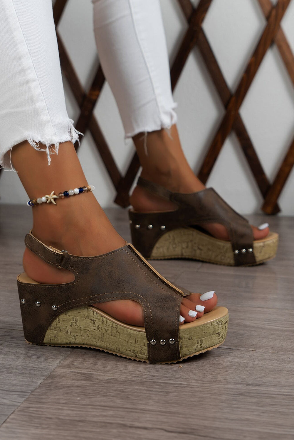 Chestnut Suede Patched Studded Cut Out Wedge Sandals Sandals JT's Designer Fashion