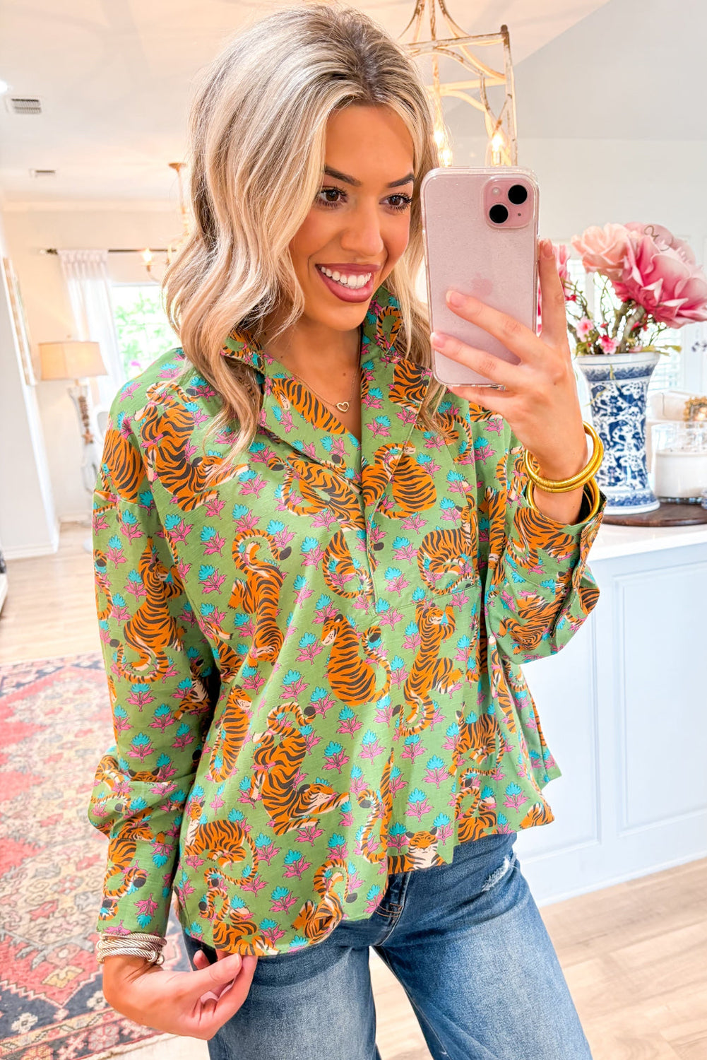 Green Tiger Floral Printed Collared V Neck Casual Shirt Blouses & Shirts JT's Designer Fashion