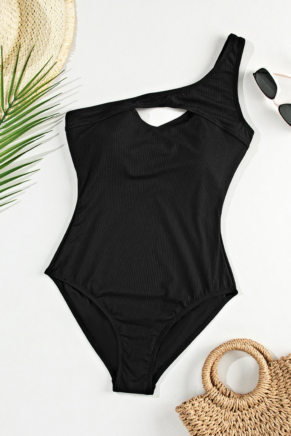 Black Ribbed One Shoulder Hollowed One Piece Swimsuit Swimwear JT's Designer Fashion