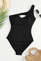Black Ribbed One Shoulder Hollowed One Piece Swimsuit Swimwear JT's Designer Fashion