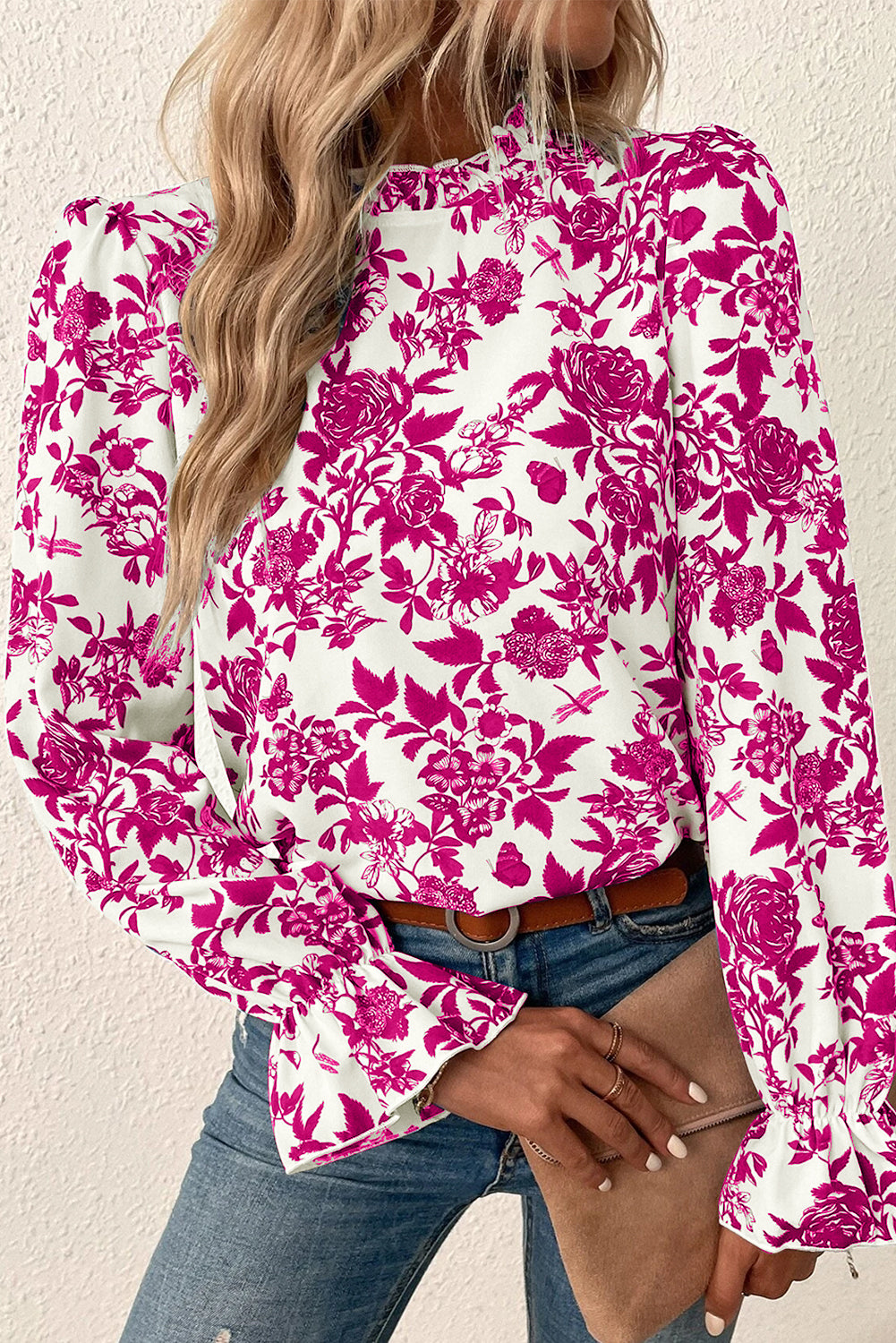 Rose Floral Print Flounce Sleeve Keyhole Back Blouse Blouses & Shirts JT's Designer Fashion