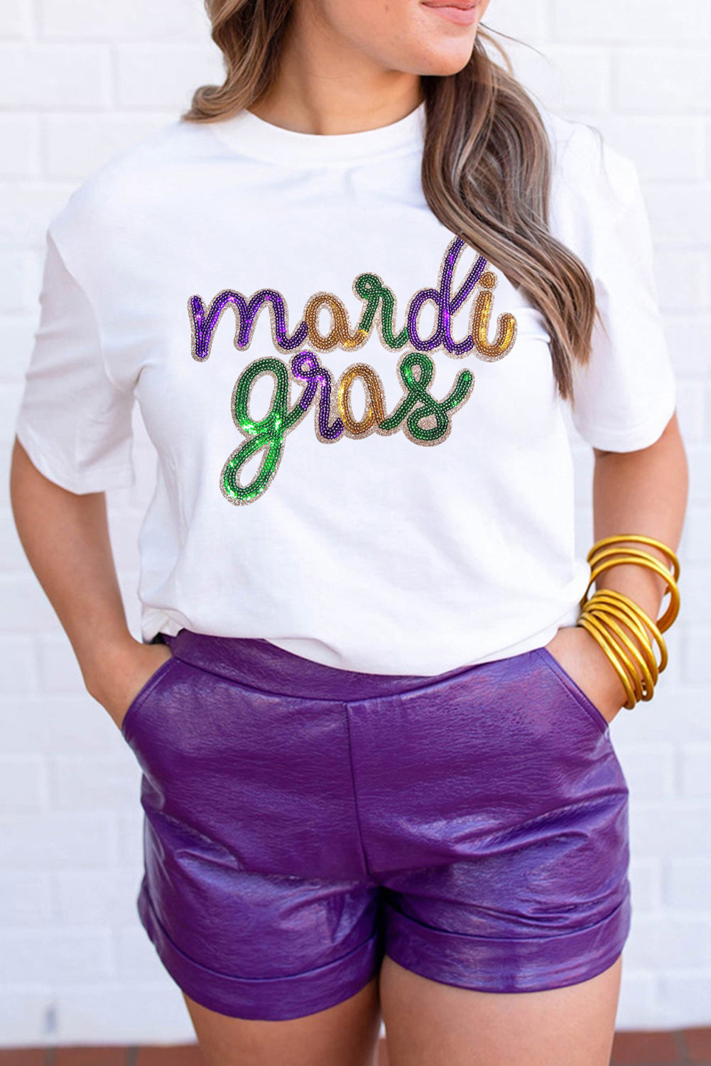 White Sequin mardi gras Graphic Plus Size T Shirt Graphic Tees JT's Designer Fashion