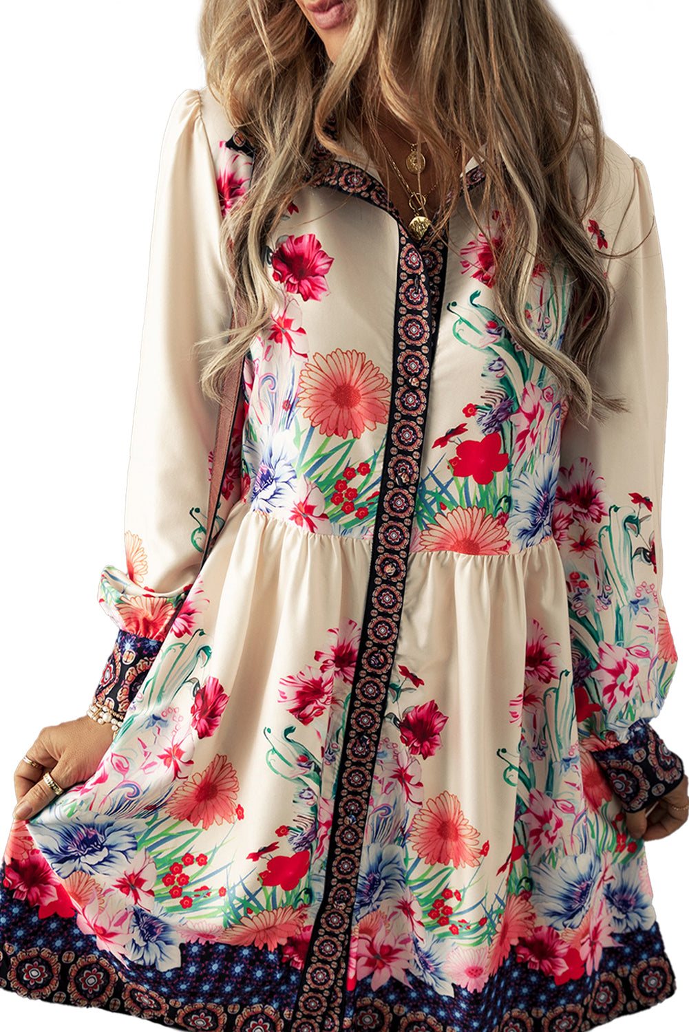 Apricot Floral Print Buttoned High Waist Shirt Mini Dress Mini Dresses JT's Designer Fashion