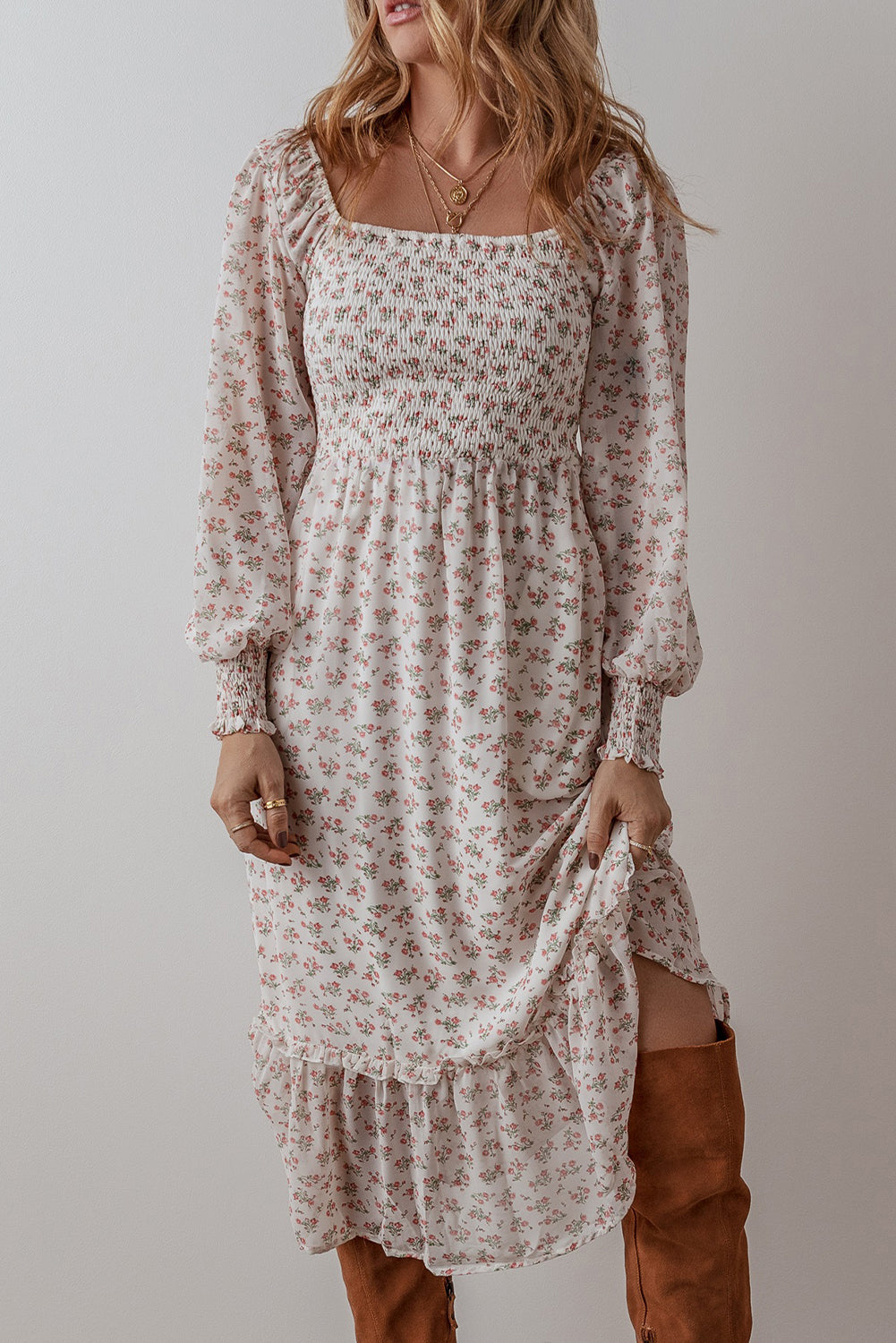 White Floral Print Shirred Ruffled Hem Square Neck Midi Dress Floral Dresses JT's Designer Fashion