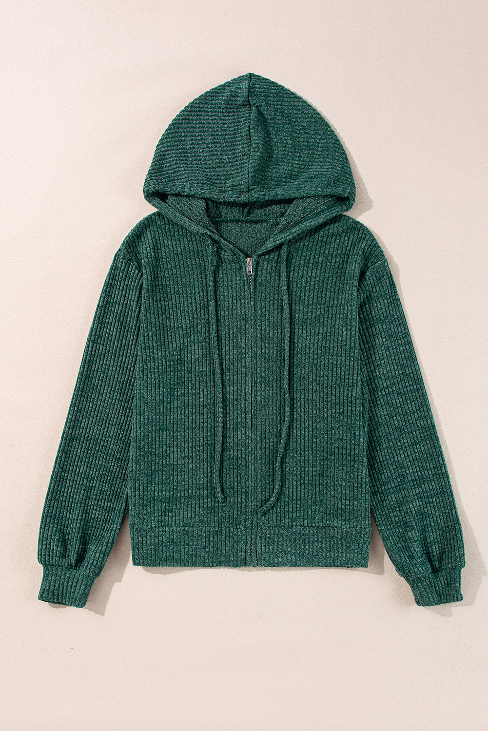 Evergreen Ribbed Zip Up Front Drawstring Hoodie Sweatshirts & Hoodies JT's Designer Fashion