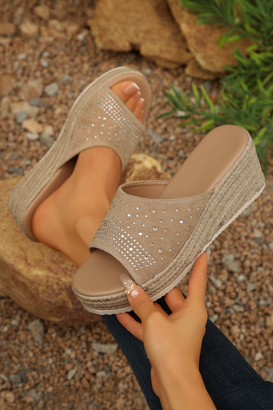 Beige Rhinestone Decor Suede Slip On Wedge Slippers Slippers JT's Designer Fashion