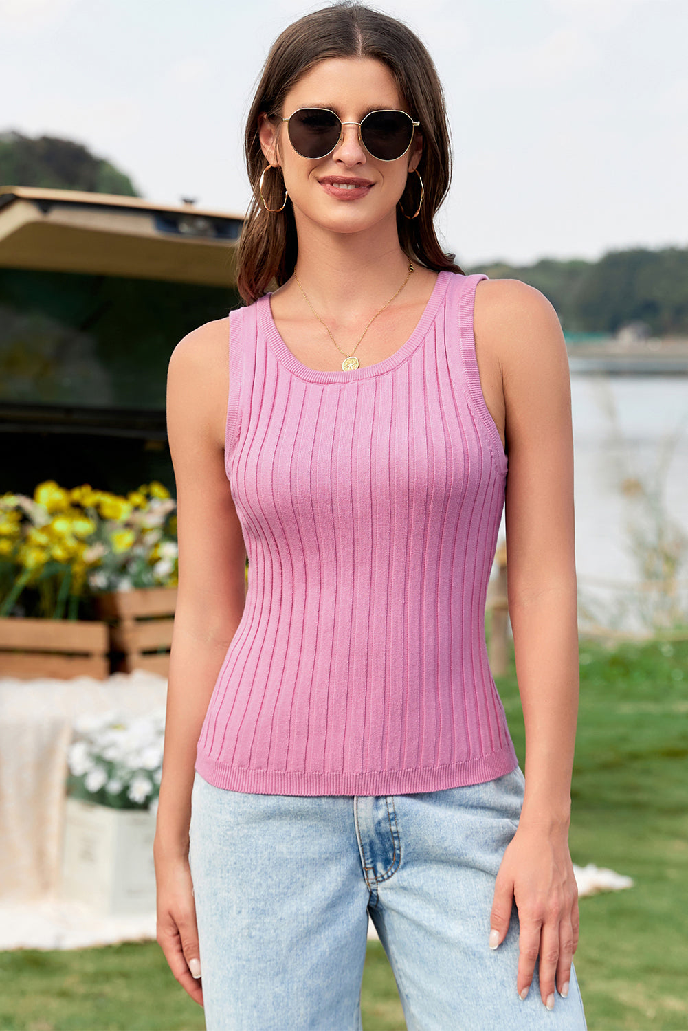 Light Pink Round Neck Ribbed Knit Tank Top Pre Order Sweaters & Cardigans JT's Designer Fashion