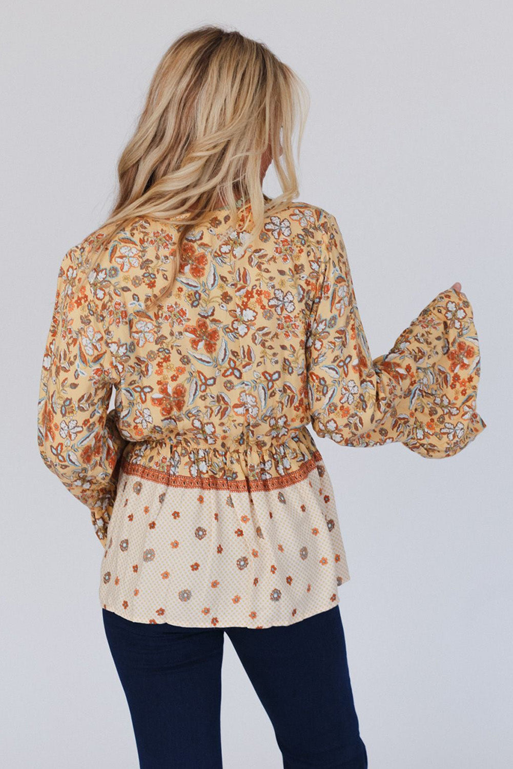 Yellow Printed Floral Bell Sleeve V Neck Wrapped Contrast Peplum Blouse Blouses & Shirts JT's Designer Fashion