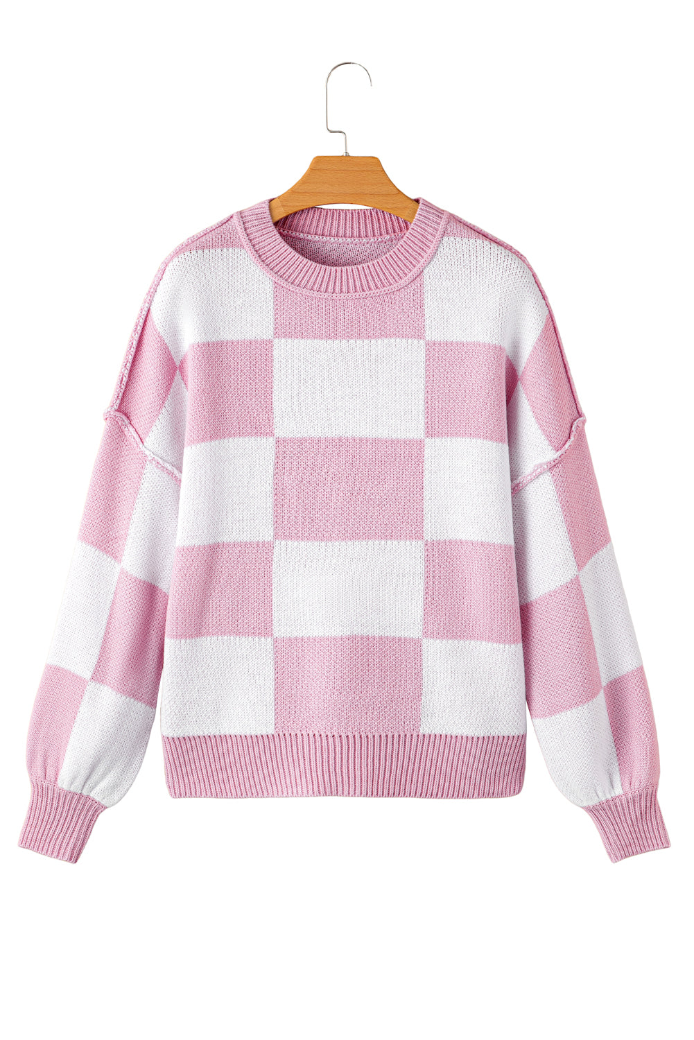 Pink Checkered Bishop Sleeve Sweater Sweaters & Cardigans JT's Designer Fashion