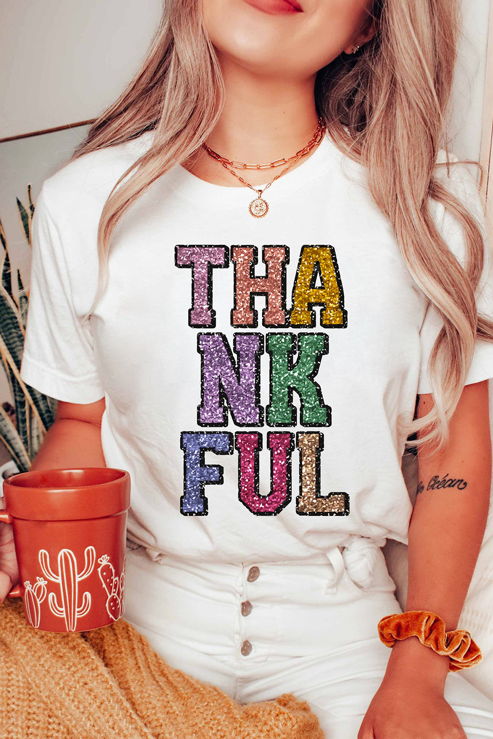 White Heat-transfer Printed THANKFUL Letter Graphic T Shirt Graphic Tees JT's Designer Fashion