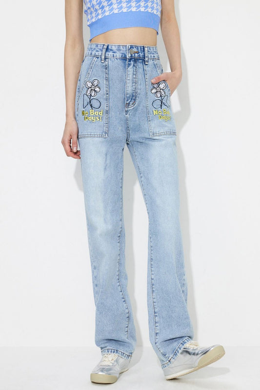 Flower High Rise Straight Leg Jeans with Pockets Light Jeans JT's Designer Fashion