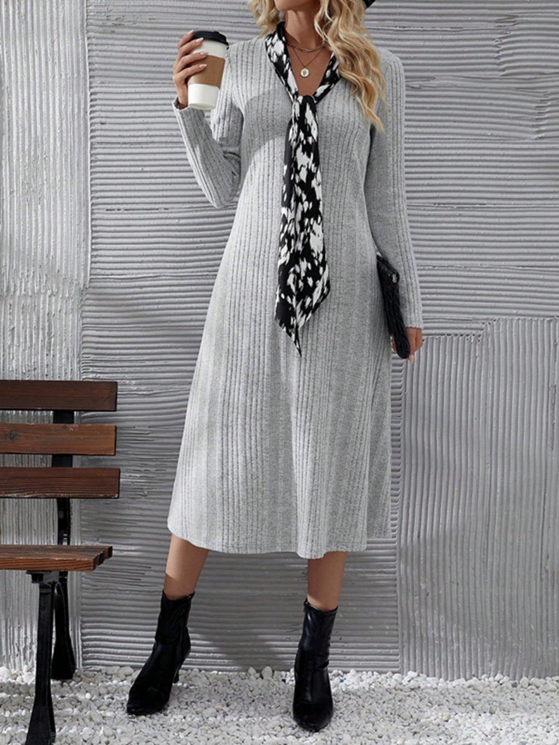 V-Neck Long Sleeve Midi Dress Midi Dresses JT's Designer Fashion