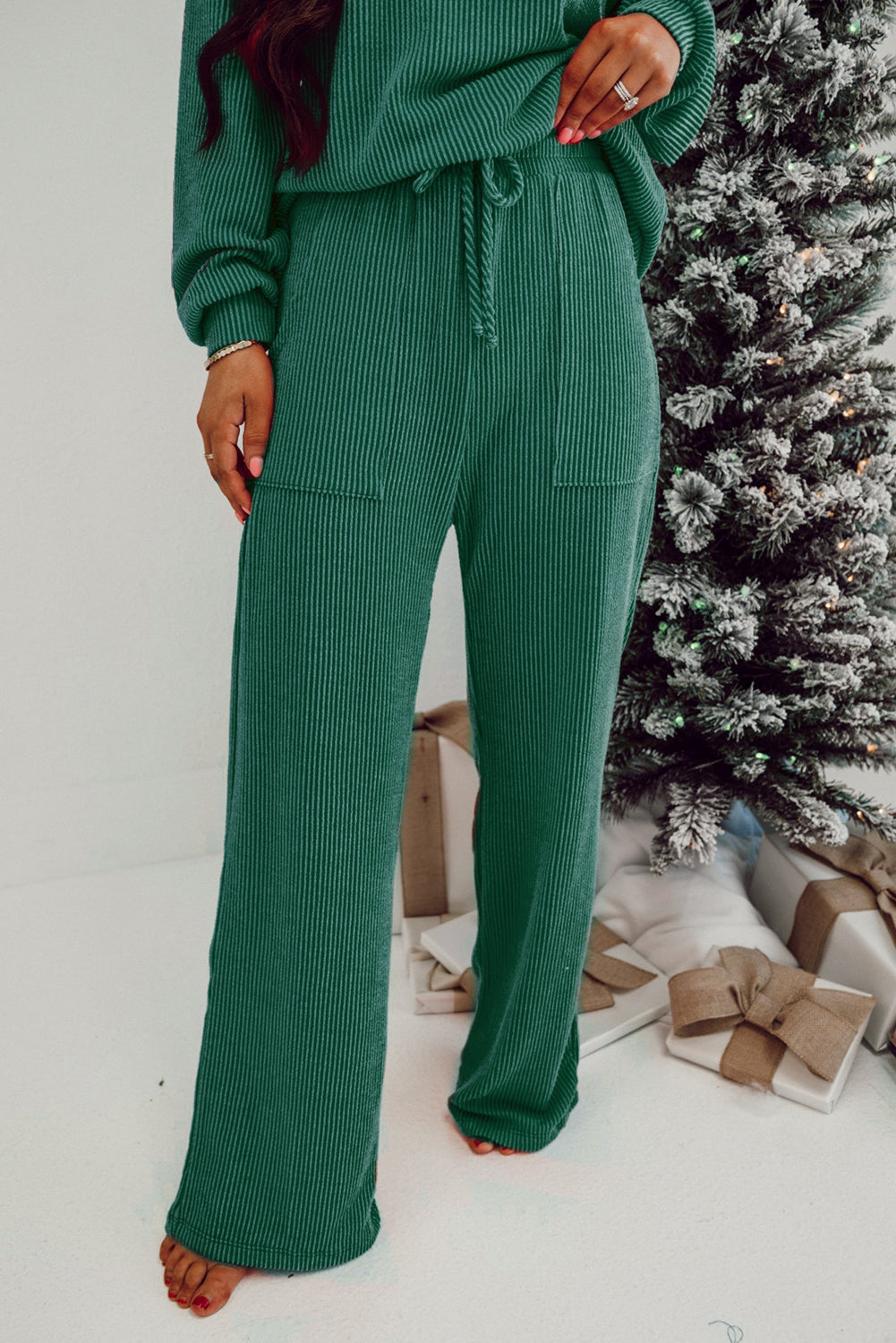 Evergreen JOLLY Corded Long Sleeve Top and Pockets Pants Set Pant Sets JT's Designer Fashion