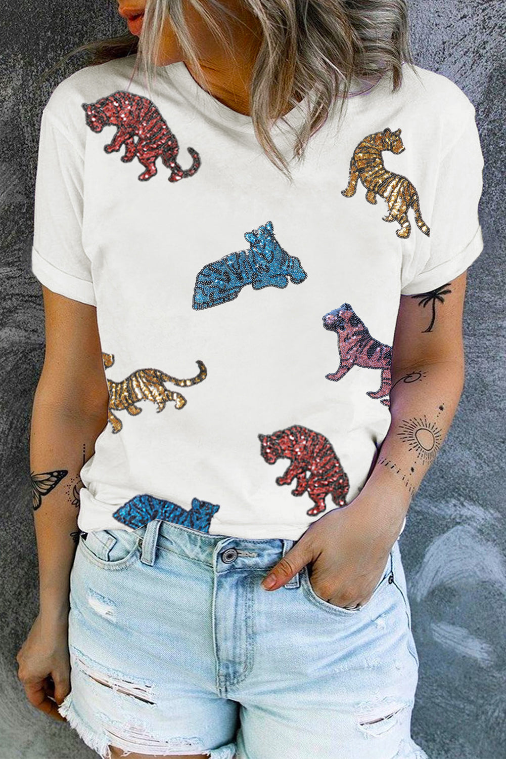 White Shiny Tiger Patch Graphic Summer T-shirt Graphic Tees JT's Designer Fashion