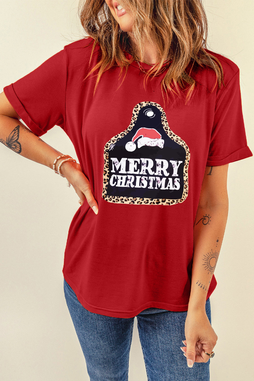 Fiery Red MERRY CHRISTMAS Leopard Frame Graphic Tee Graphic Tees JT's Designer Fashion