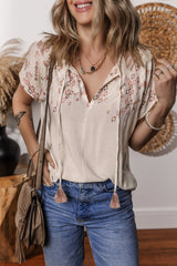 Jet Stream Geometric Embroidered Short Sleeve Tassel Tied V Neck Blouse Blouses & Shirts JT's Designer Fashion