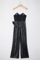 Black Sequined Tube Top Waist Knot Wide Leg Jumpsuit Jumpsuits & Rompers JT's Designer Fashion