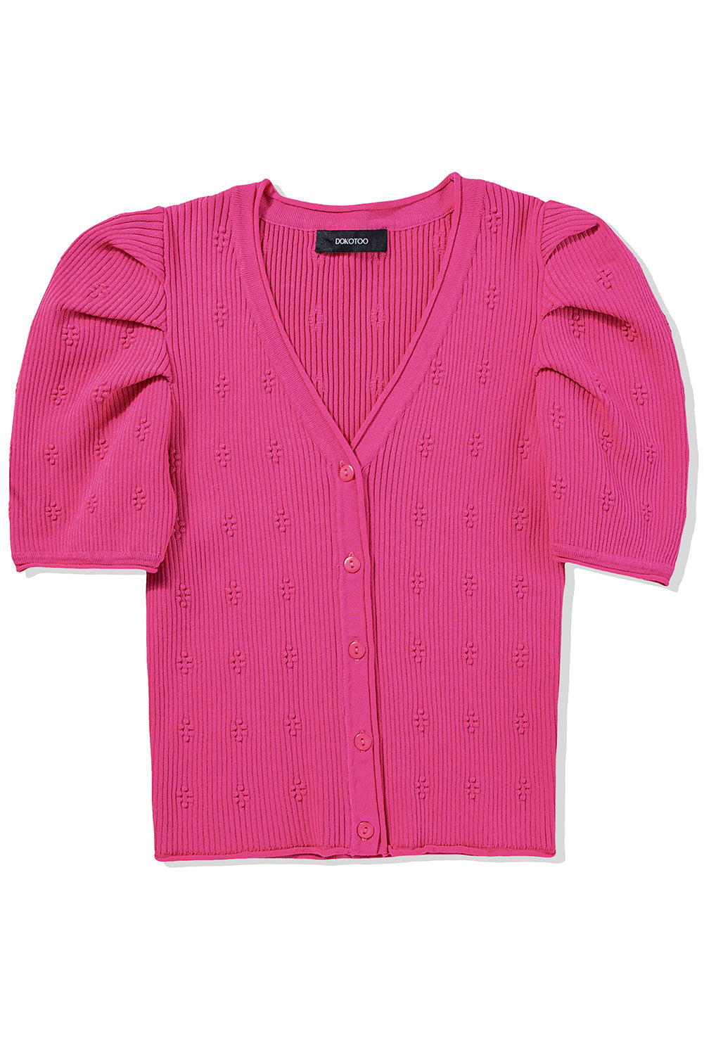 Rose Red Flower Ribbed Texture Button V Neck Bubble Sleeve Top Pre Order Sweaters & Cardigans JT's Designer Fashion