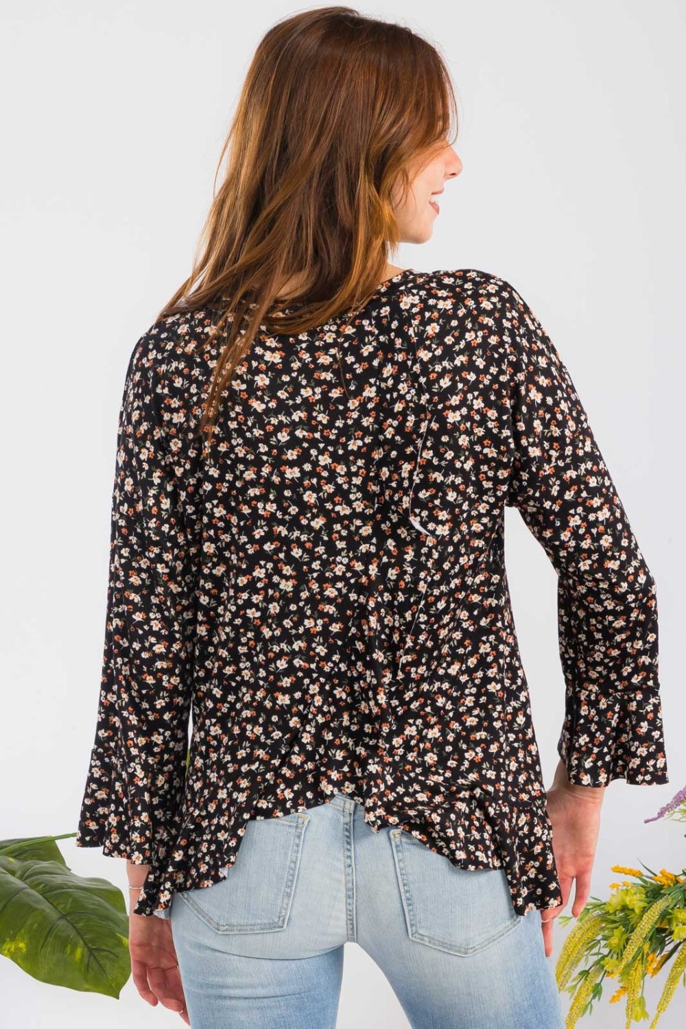 Celeste Full Size Floral Ruffle Detail Top Long Sleeve Shirts JT's Designer Fashion