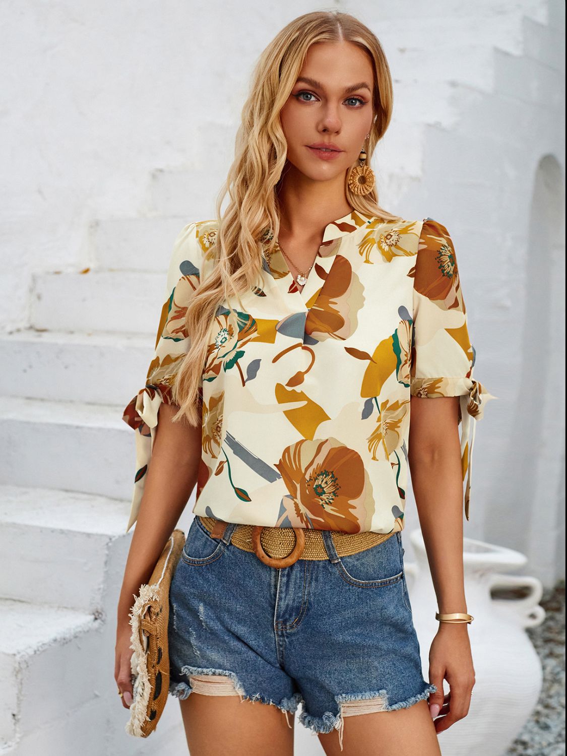 Tied Printed Notched Short Sleeve Blouse Pastel Yellow Blouses & Shirts JT's Designer Fashion