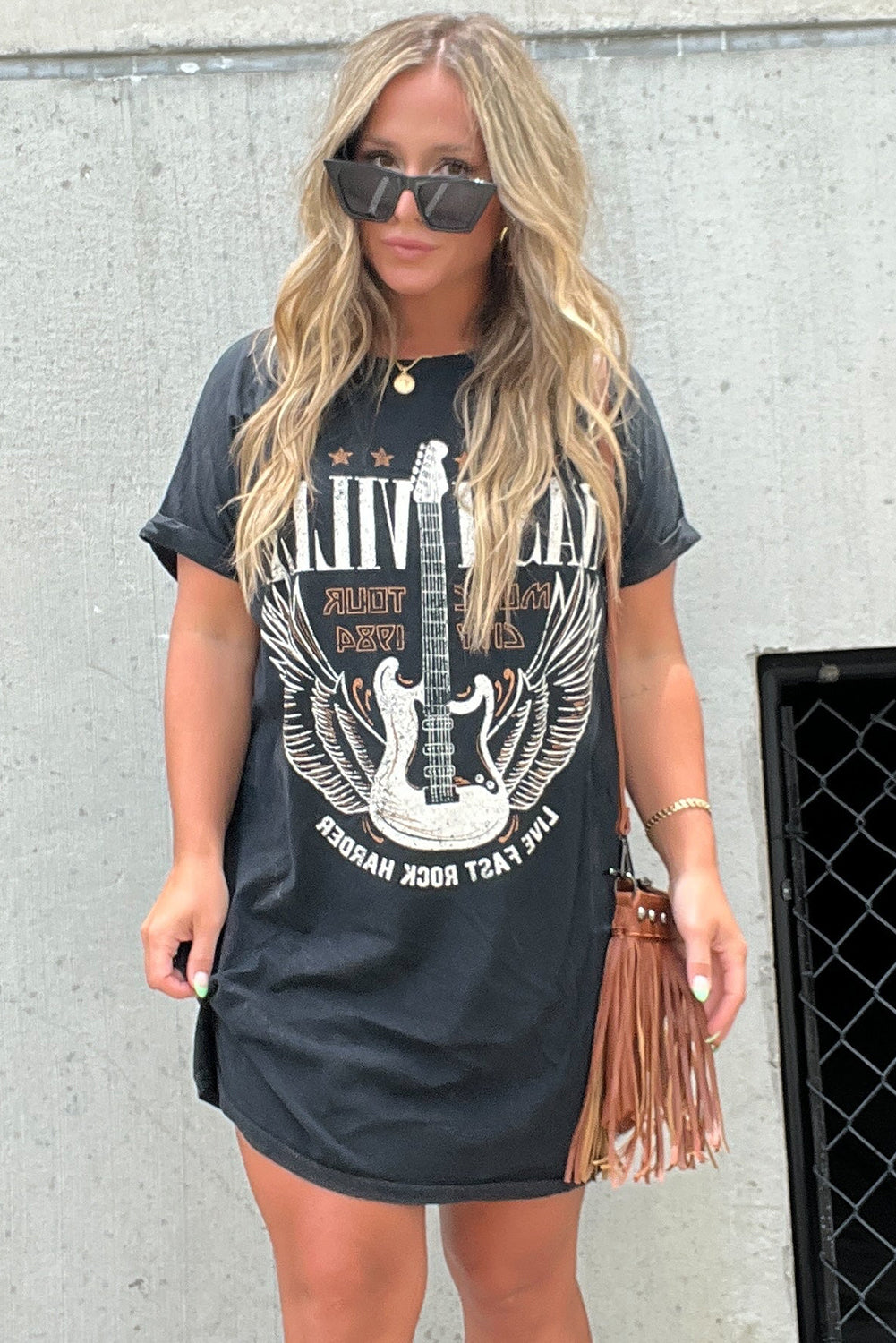 Black Nashville Guitar Print Crew Neck T Shirt Mini Dress T Shirt Dresses JT's Designer Fashion