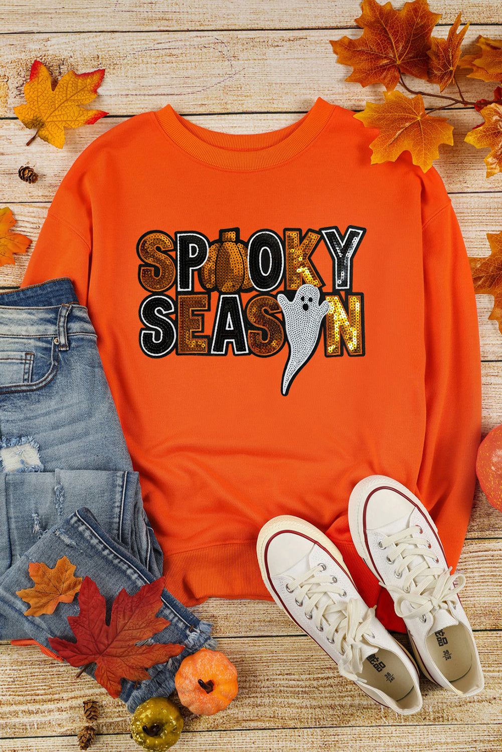 Russet Orange Sequin SPOOKY SEASON Ghost Pattern Halloween Pullover Sweatshirt Graphic Sweatshirts JT's Designer Fashion