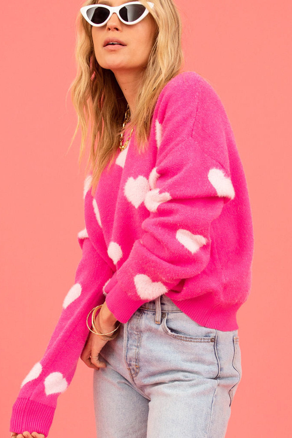 Bright Pink Fuzzy Valentine Hearts Drop Shoulder Sweater Sweaters & Cardigans JT's Designer Fashion