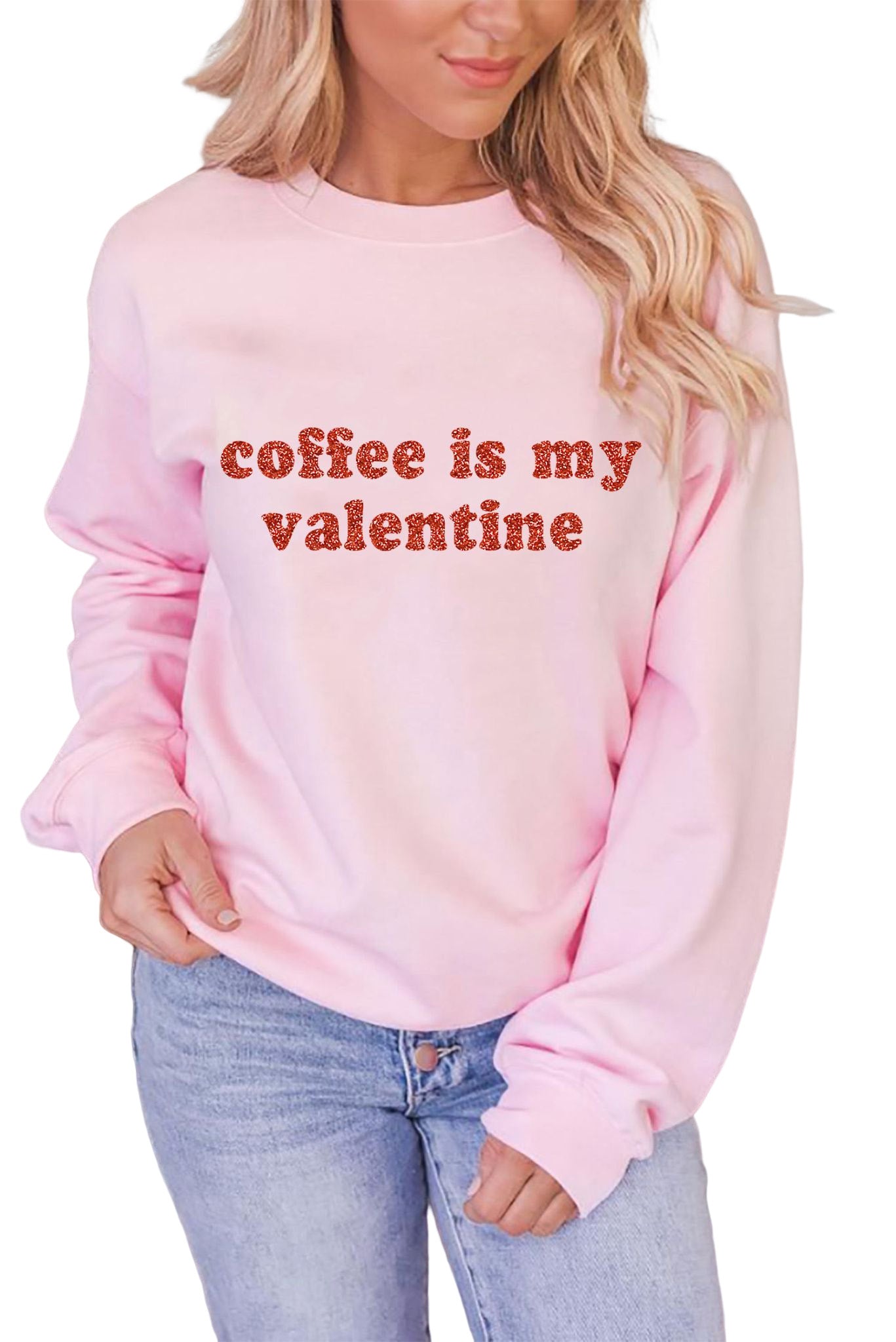 Pink Sequined Coffee is my Valentine Graphic Pullover Sweatshirt Graphic Sweatshirts JT's Designer Fashion