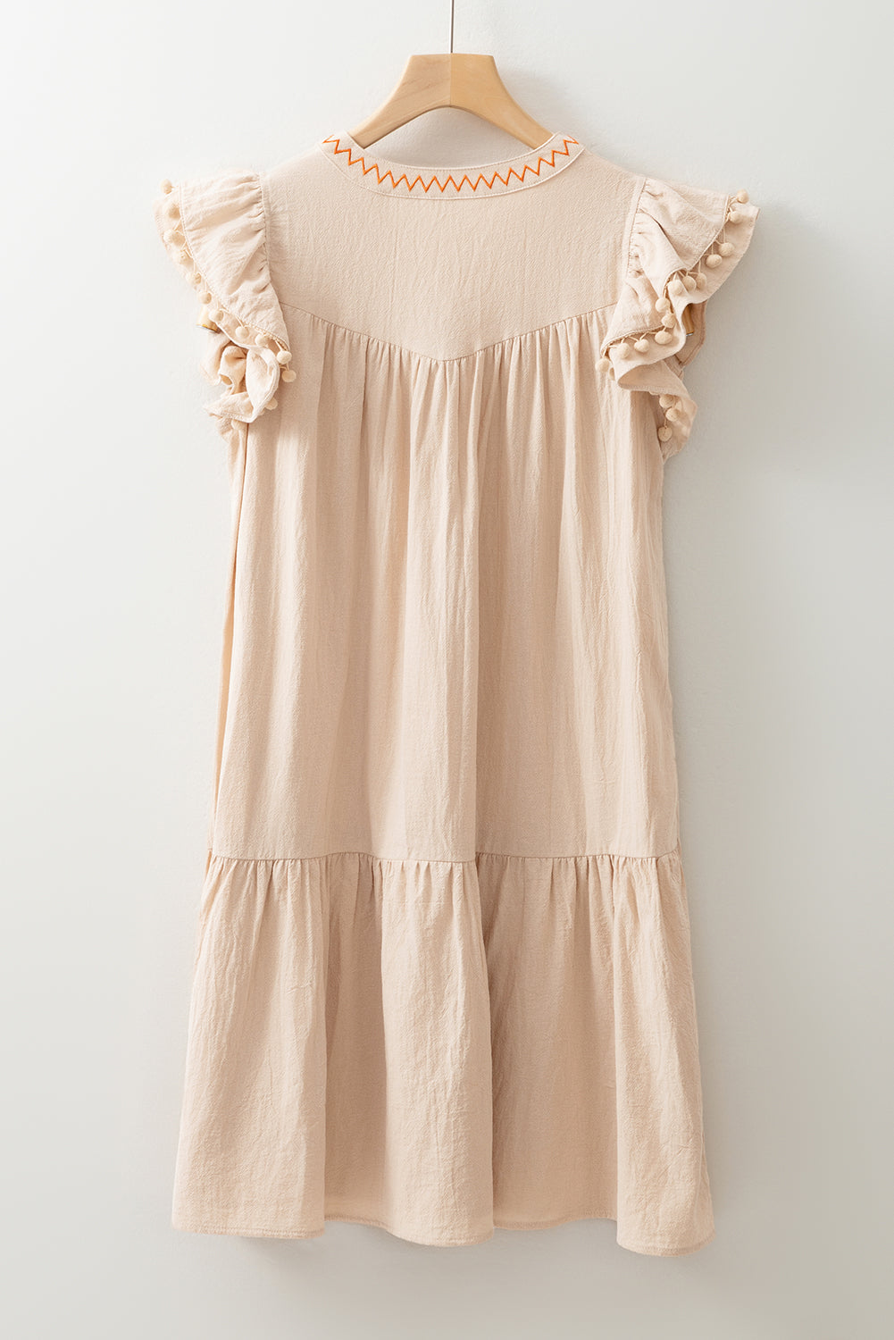 Jet Stream Linen Embroidery Split Neck Pom Pom Ruffle Sleeves Flowy Short Dress Mini Dresses JT's Designer Fashion