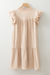 Jet Stream Linen Embroidery Split Neck Pom Pom Ruffle Sleeves Flowy Short Dress Mini Dresses JT's Designer Fashion