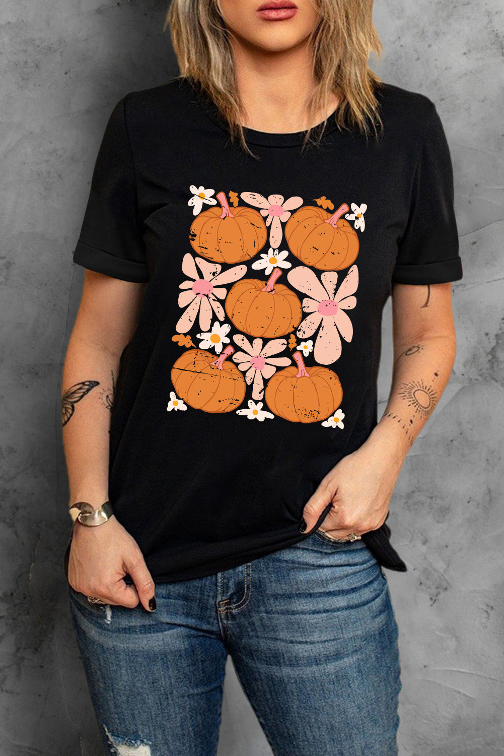 Black Pumpkin Flower Square Graphic Tee Graphic Tees JT's Designer Fashion