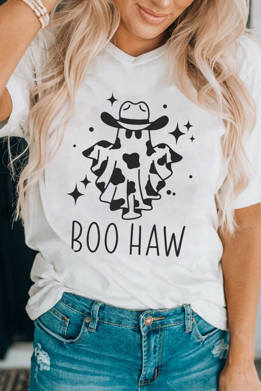 White Halloween BOO HAW Graphic Crew Neck Tee Graphic Tees JT's Designer Fashion