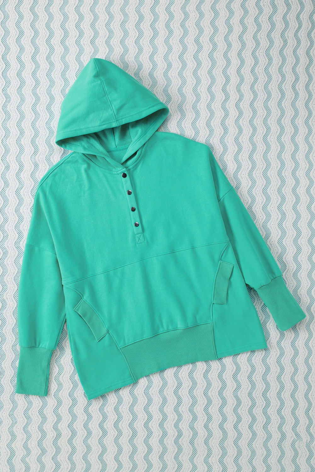 Turquoise Batwing Sleeve Pocketed Henley Hoodie Sweatshirts & Hoodies JT's Designer Fashion