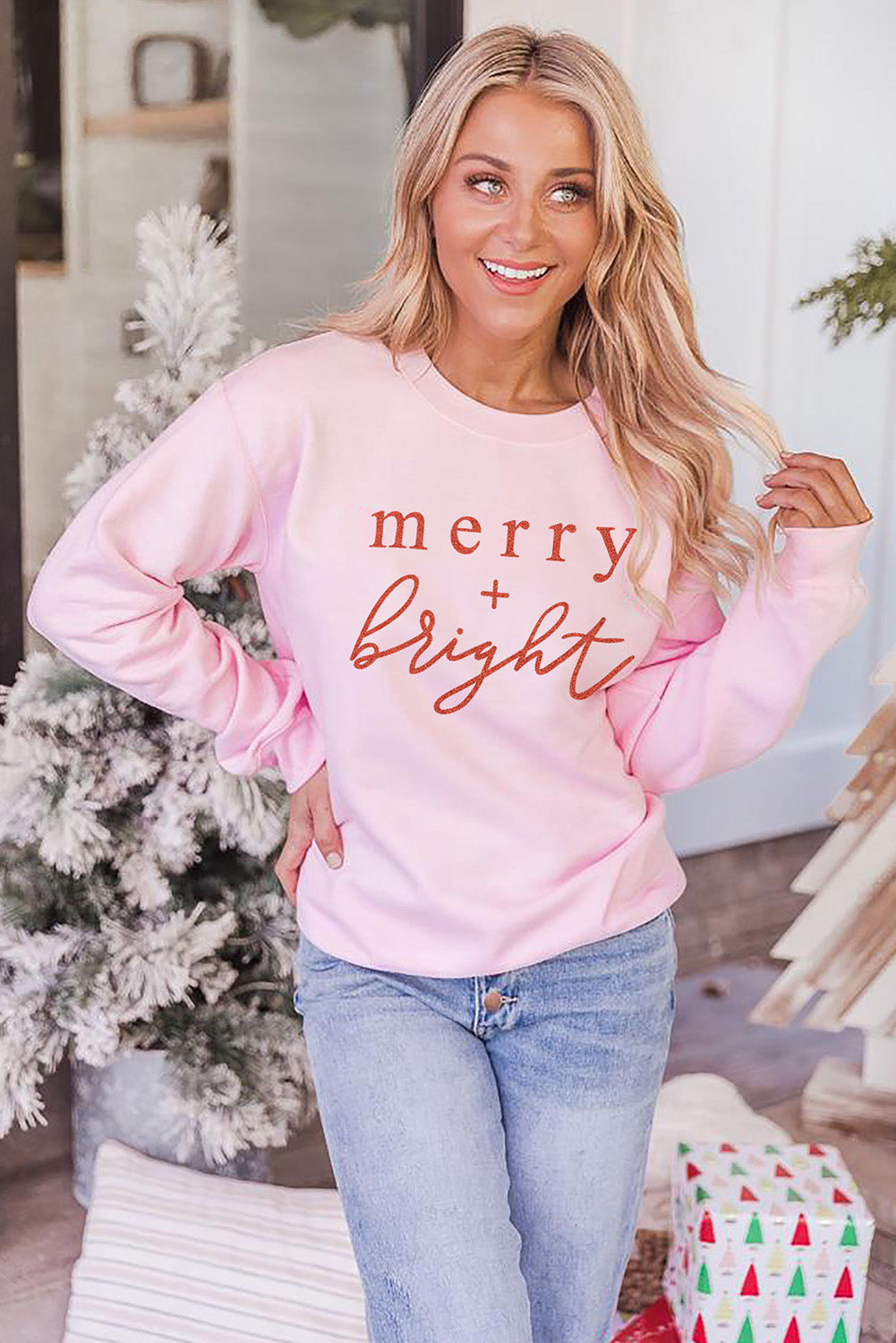 Pink Merry Bright Glitter Pattern Print Crew Neck Sweatshirt Graphic Sweatshirts JT's Designer Fashion