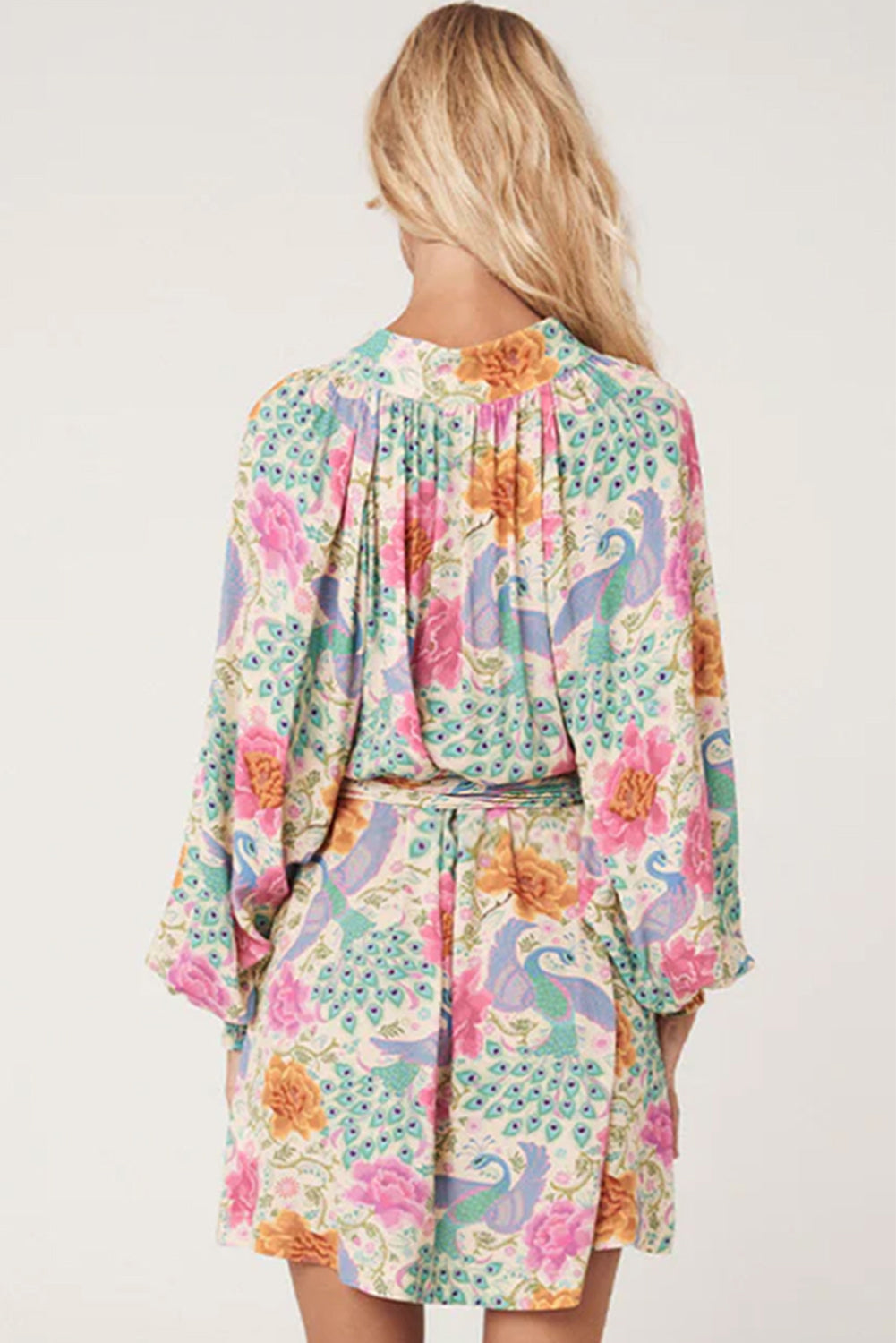 Multicolour Floral Print Bubble Sleeve Buttoned V Neck Mini Dress Floral Dresses JT's Designer Fashion