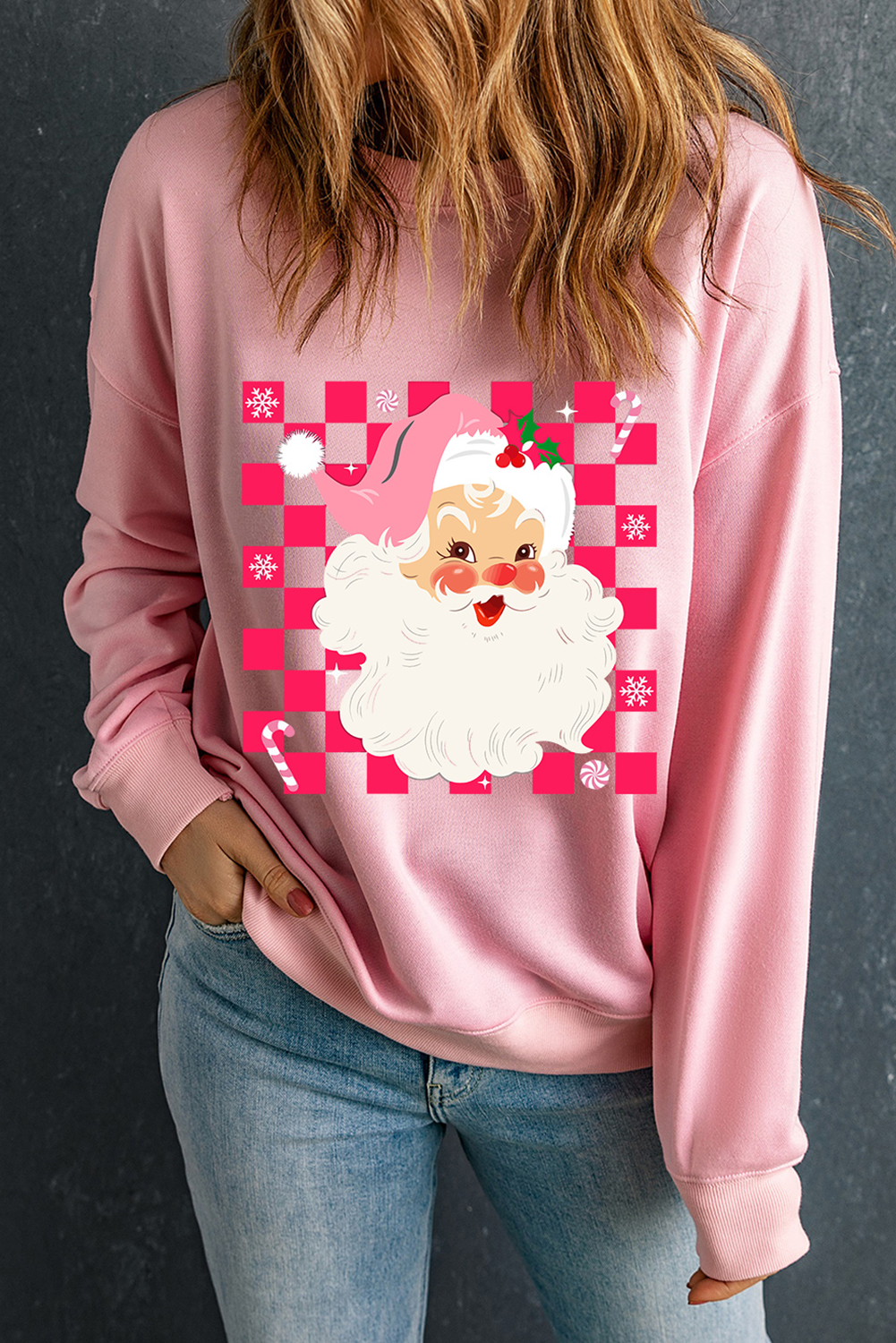 Pink Fancy Checkered Father Christmas Graphic Sweatshirt Graphic Sweatshirts JT's Designer Fashion