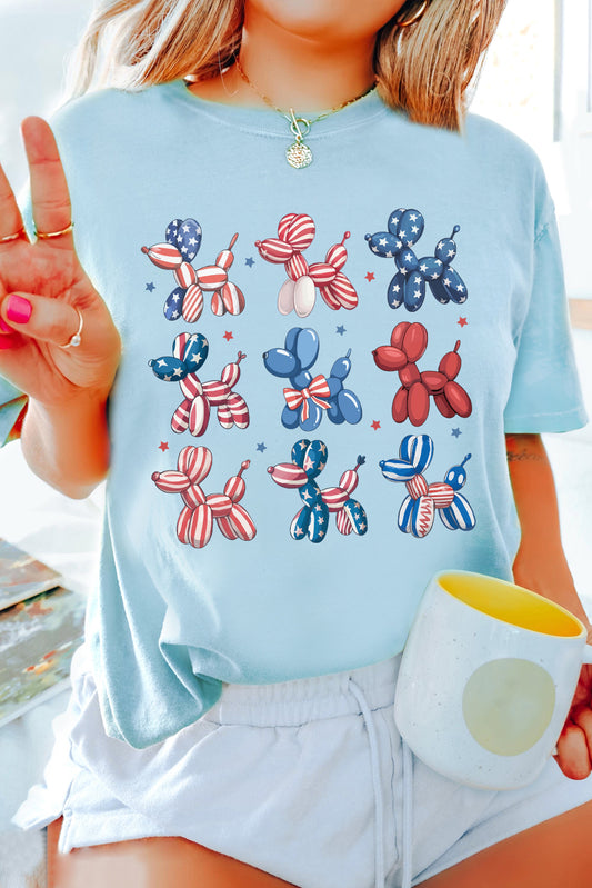 Light Blue American Flag Balloon Dogs Print Crew Neck T Shirt Graphic Tees JT's Designer Fashion