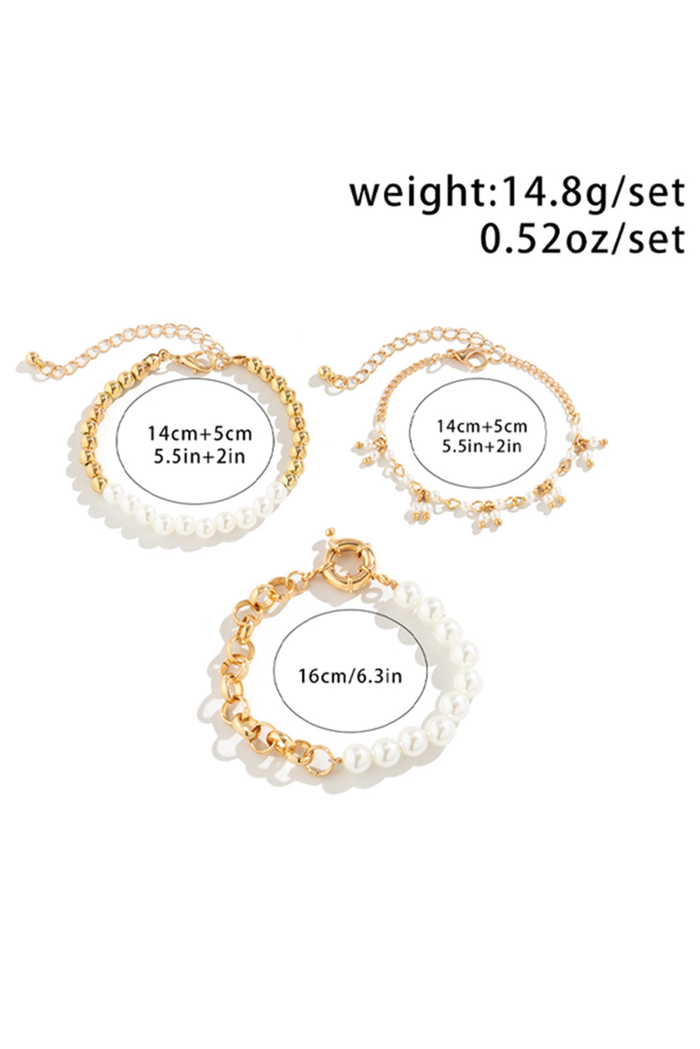 Gold 3pcs Pearl Plated Alloy Beaded Bracelet Set Jewelry JT's Designer Fashion